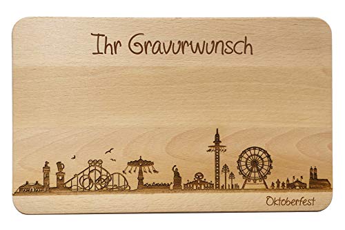 SNEG Brotzeitbrett Oktoberfest München Skyline | Wiesn Frühstücksbrett aus Buche | Holz Schneidbrett | Geschenk mit Gravur (Brett XL (35x23x1,5cm), 2. mit persönlicher Gravur) von SNEG