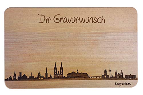 SNEG Brotzeitbrett Regensburg Skyline | Frühstücksbrettchen aus Buche | Holz Schneidbrett | Geschenk mit Gravur | Frühstücksbrett | Bayern (Brett XL (35x23x1,5cm), 2. mit persönlicher Gravur) von SNEG