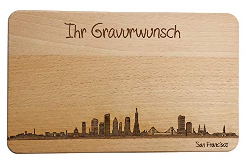 SNEG Brotzeitbrett San Francisco Skyline | Frühstücksbrettchen aus Buche | Holz Schneidbrett | Geschenk mit Gravur | Frühstücksbrett | Kalifornien (Brett L (26x16x1,5cm), 2. mit persönlicher Gravur) von SNEG