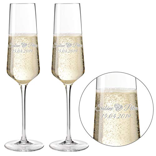 Sektgläser - Champagnergläser 2er Set "Modern" 220ml mit Gravur als Geschenk zur Hochzeit | Namen und Datum personalisierbar | Verschiedene Motive (Motiv "Ringe" (2er Set)) von SNEG