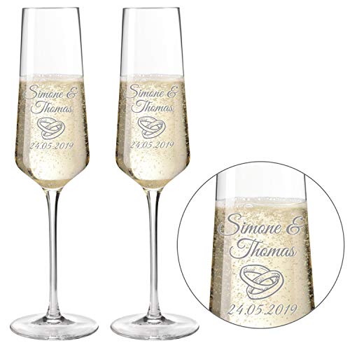 Sektgläser - Champagnergläser 2er Set "Modern" 220ml mit Gravur als Geschenk zur Hochzeit | Namen und Datum personalisierbar | Verschiedene Motive (Motiv "Ringe" mehrzeilig (2er Set)) von SNEG