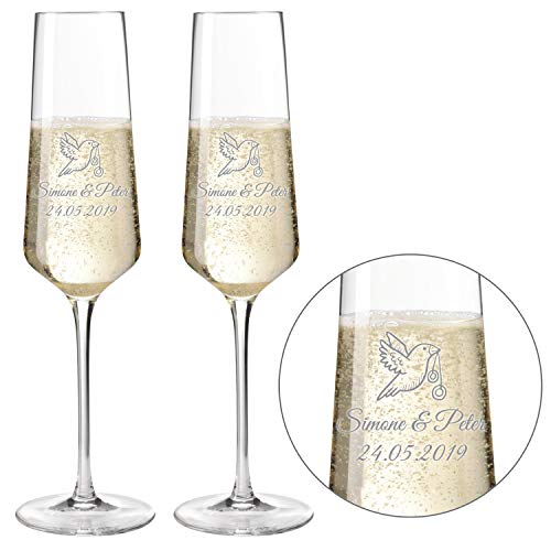 Sektgläser - Champagnergläser 2er Set Modern 220ml mit Gravur als Geschenk zur Hochzeit | Namen und Datum personalisierbar | Verschiedene Motive (Motiv Taube (2er Set)) von SNEG