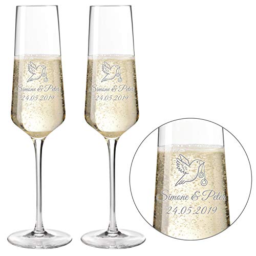 Sektgläser - Champagnergläser 2er Set "Modern" 220ml mit Gravur als Geschenk zur Hochzeit | Namen und Datum personalisierbar | Verschiedene Motive (Motiv "Taube" (2er Set)) von SNEG