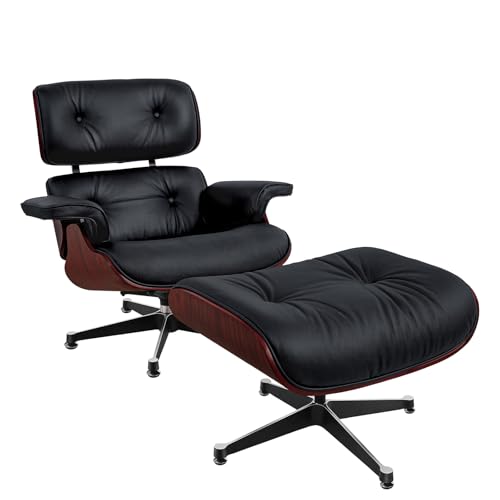 SNKBOAT Moderner Fernsehsessel, loungesessel mit hocker, Liegesessel, Ergonomischer Stuhl, Relaxsessel aus Echtleder, Verstellbarer Fernsehsessel mit Liegefunktion (Tiefes Rosenholz & Schwarz) von SNKBOAT