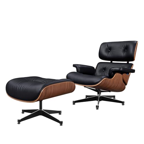 SNKBOAT Moderner Fernsehsessel,loungesessel mit hocker,Liegesessel,Ergonomischer Stuhl,Relaxsessel aus Echtleder,Fernsehsessel mit Liegefunktion (Helles Walnussholz & Schwarz H 88) von SNKBOAT