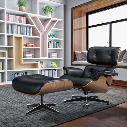 SNKBOAT loungesessel mit hocker, Relaxsessel aus Echtleder mit Fußstütze, fernsehsessel, 360° drehbarer, 15° Neigung, Aluminiumlegierung & Massivholz, für Wohnzimmer (Helles Walnussholz & Schwarz) von SNKBOAT