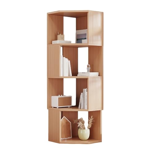 SNMIT Freistehende Eckbücherregale, Hohes Eckregal Mit Schallwand, Eckbücherregal Mit 2–5 Ebenen, Offener L-förmiger Stauraum for Kleine Räume Im Home Office(Original Wood Color,4-Tier) von SNMIT