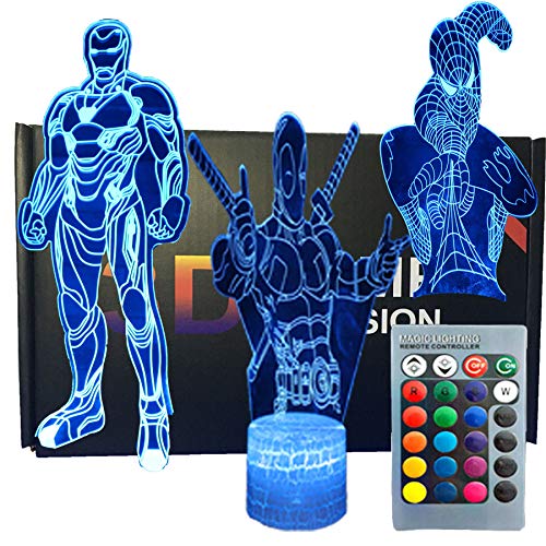 SNOMYRS 3D Illusion Super Hero Nachtlicht Lampe 16 Farbwechsel Tischdekoration Lampe mit Fernbedienung & Smart Touch, Geschenke für Jungen, Mädchen und Superhelden-Fans 3er-Pack von SNOMYRS