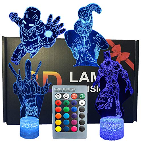 SNOMYRS 3D Illusion LED-Superheld 3D-Lampe mit 16 Farbwechsel Tischdekoration Lampe mit Fernbedienung & Smart Touch, Geschenke für Jungen, Mädchen und Superhelden-Fans (4 Stück) von SNOMYRS