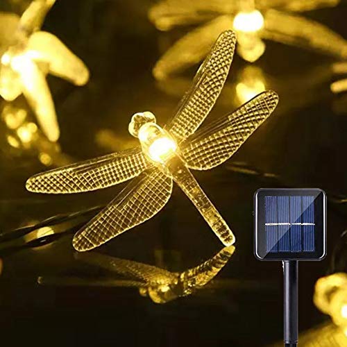 SNOMYRS Solar-Lichterkette, Libellen-Design, 6,4 m, 30 LEDs, wasserdicht, mit 8 Beleuchtungsmodi für Garten, Hof, Rasen, Terrasse, Gras, Hochzeit, Weihnachtsdekoration (warmweiß) von SNOMYRS