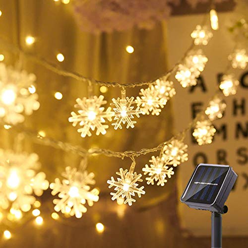 SNOMYRS Solar-Lichterkette für den Außenbereich, 50 LEDs, ca. 60 cm, Schneeflocken-Dekoration, Lichter mit 8 Leuchtmodi, für Garten, Hof, Haus, Veranda, Party-Dekoration (warmweiß) von SNOMYRS