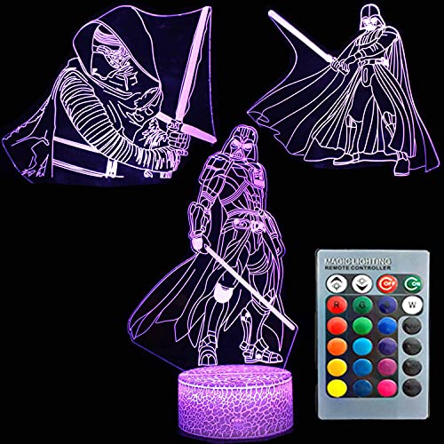 SNOMYRS Star-Wars-Nachtlichter, 3D-Illusion, Darth Vader, Lampe, 16 Farben, wechselnde Tischdekoration, Lampe mit Fernbedienung, Geschenke für Jungen, Mädchen und Star Wars Fans (3er-Pack) von SNOMYRS