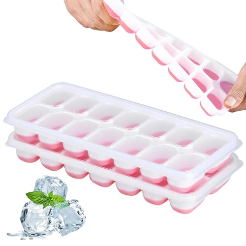2 Stück Eiswürfelform Silikon Rosa Eiswürfelbehälter mit Deckel Stapelbar Eiswürfelform mit Deckel,Silikon Eiswürfelform,Perfekt für Babynahrung,Spirituosen und Cocktails von SNONESIY