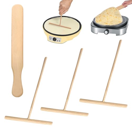 4 Stück Crepes Verteiler,Crepe Vertiler Set,T-förmig Crepes Wender,Leicht zu Reinigen Crepe Wender,Aus Buchenholz,Crepe Schieber Backwerkzeuge,Geeignet für Pfannkuchenpfannen von SNONESIY
