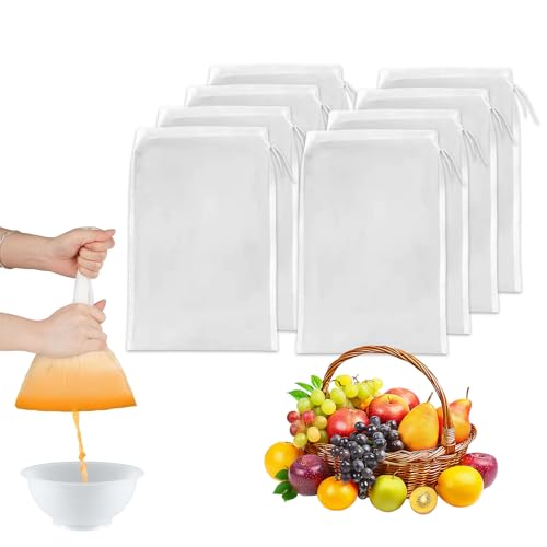 8 Stück Nussmilchbeutel 30×20cm Passiertuch Wiederverwendbar Abseihtuch Nussmilchbeutel Bio Waschbar, Feinmaschiges Filterbeutel Mit Kordelzug, für Käse Kaffee Joghurt Fruchtsaft Gemüsesaft von SNONESIY