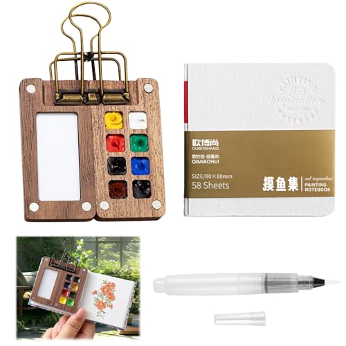 SNONESIY Farbkasten Mini Aquarell Set Aquarell Reise Set Mini Palette Reise-Malpalette Aus Holz mit 8 Fächern, Malbox Reise und Stift Geeignet für Maler, Künstler, Studenten von SNONESIY