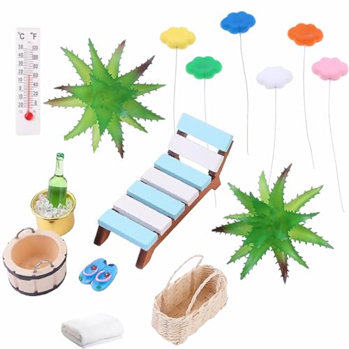 SNONESIY 11 Stück Miniatur Deko Sauna Zubehör Set Wellness Deko Zubehör Sauna Deko Mini Strandkorb Korb Hausschuhe Eimer Badetuch Geeignet für DIY Dekoration Mini Gartenmöbel mit Wolkenballons von SNONESIY