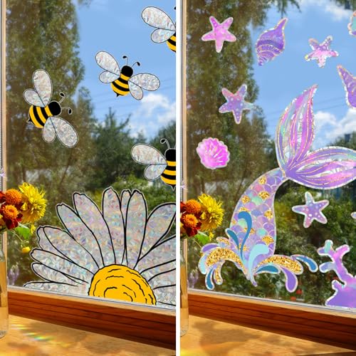 Fensterbilder Frühling Kinder,Stained Glass Window Film 2pcs Suncatcher Sticker Prisma Fensteraufkleber Fensterfolie Buntglas Bienen Deko in Homes Shops Classrooms Offices Etc von SNONESIY