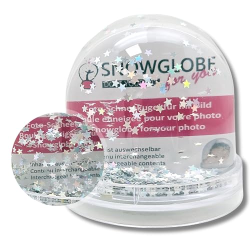 Foto-Schneekugel groß | Inhalt Silber Sterne | mit 2 x Bild | Sockel transparent | Schneekugel Glitzersterne | B: 9 cm H: 8 cm 2 Malvorlagen | Foto-Geschenk Bilderrahmen | 50011 von SNOWGLOBE for you - DO IT YOURSELF