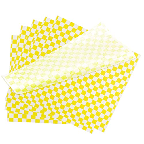 Käsepapier 100 Blatt Checkered Wachspapier für Lebensmittel, Pommestüten Papier Butterbrotpapier Deli Basket Liner Lebensmittelverpackung Papier für Sandwich Fast Food Snacks Brot Hamburger (Gelb) von SNSYGN