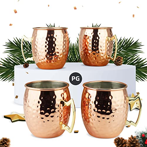 PG Moscow Mule Tassen, groß, 540 ml, Set mit 4 gehämmerten Bechern, Edelstahlfutter, reine Kupferbeschichtung, Griffe aus goldfarbenem Messing, 9,4 cm Durchmesser x 10,2 cm Höhe von PG