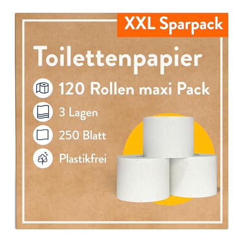 120 Rollen Toilettenpapier 3-lagig – 250 Blatt pro Rolle – Plastikfrei - Toilettenpapier B-Ware – Vorratspackung von SNYCE