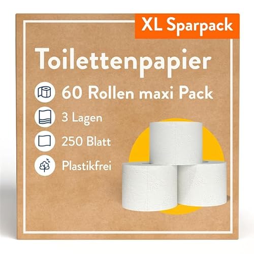 60 Rollen Toilettenpapier 3-lagig – 250 Blatt pro Rolle – Plastikfrei - Toilettenpapier B-Ware – Vorratspackung von SNYCE