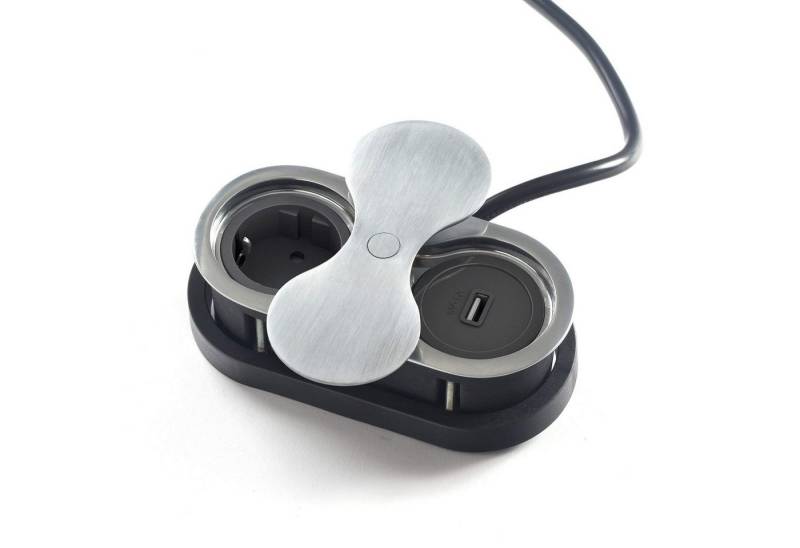 SO-TECH® Einbau Tischsteckdose mit Kabel und Stecker Einbau-Tischsteckdose, Edelstahloptik, oval, 1-fach, 1x USB-A, Push-to-open-Deckel von SO-TECH®