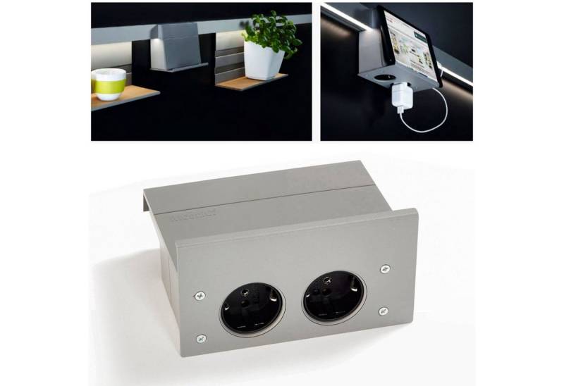 Kesseböhmer Küchenrückwand eBoxx Set 2-fach-Steckdose (DE) für Linero MosaiQ, titangrau - inkl. Tablethalterung von Kesseböhmer
