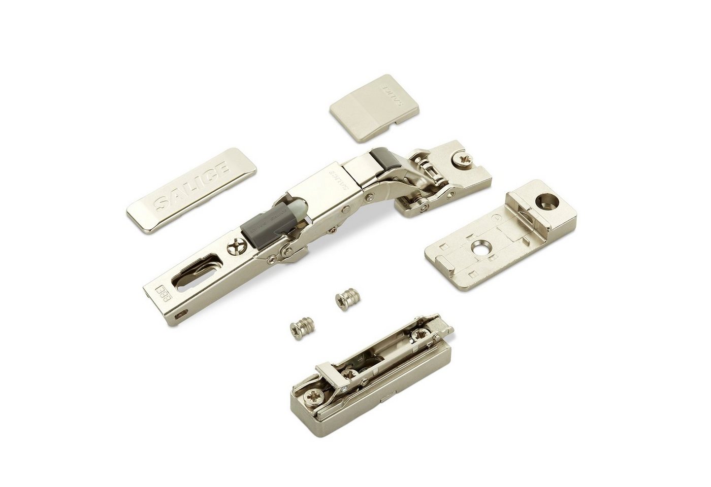 Salice Möbelbeschlag 2er Set Salice Universalscharnier 110° gedämpft oder ungedämpft (2 St), für Türen mit min. 8 mm Stärke + Montageplatte + Scharnierarmabdeckung von Salice