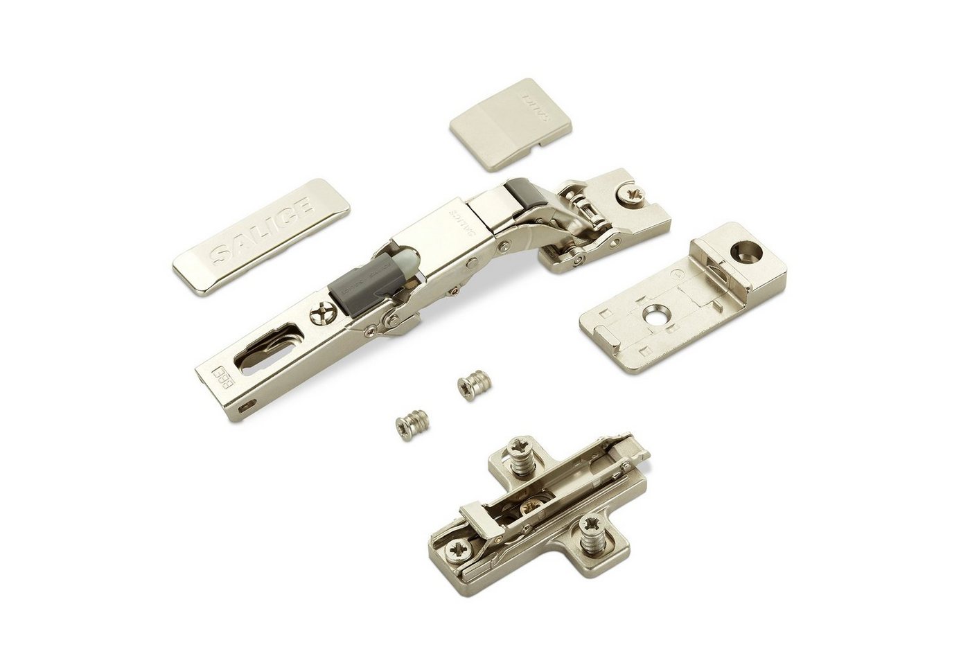 Salice Möbelbeschlag 2er Set Salice Universalscharnier 110° gedämpft oder ungedämpft (2 St), für Türen mit min. 8 mm Stärke + Montageplatte + Scharnierarmabdeckung von Salice