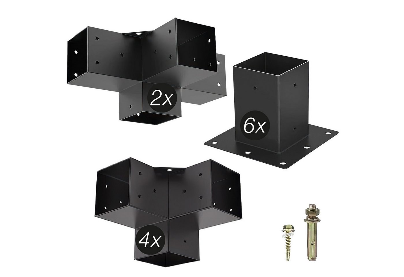SO-TECH® Pfostenbeschlag Holzverbinder Bodenanker vierkant - starker Korrosionsschutz (12 St), Stahl schwarz, Aufbau SET 12-tlg. 100 x 100 mm von SO-TECH®