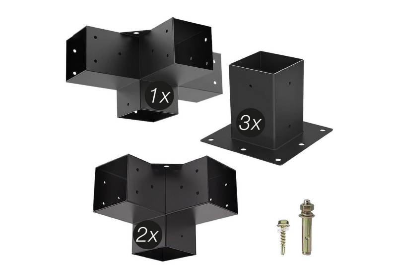 SO-TECH® Pfostenbeschlag Holzverbinder Bodenanker vierkant - starker Korrosionsschutz (6 St), Stahl schwarz, Anbau SET 6-tlg. 100 x 100 mm von SO-TECH®