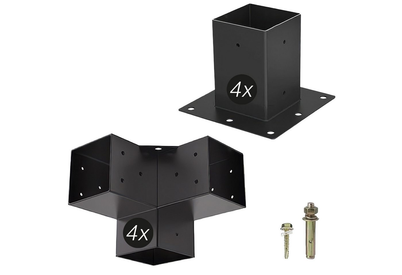SO-TECH® Pfostenbeschlag Holzverbinder Bodenanker vierkant - starker Korrosionsschutz (8 St), Stahl schwarz, Aufbau SET 8-tlg. 100 x 100 mm von SO-TECH®