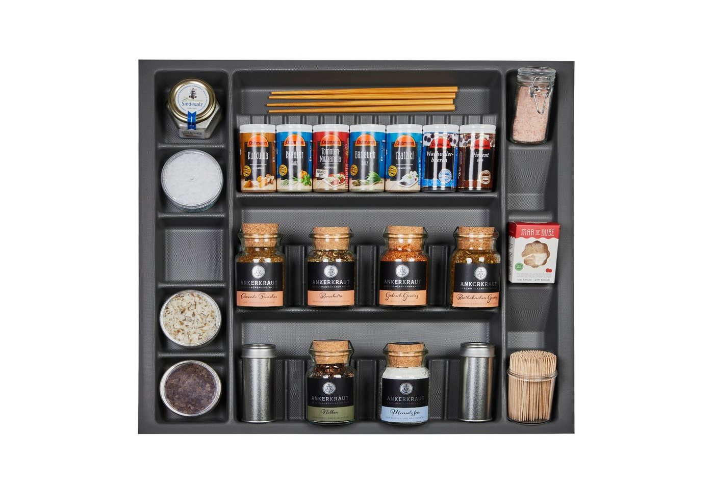 SO-TECH® Schubkasteneinsatz Orga-Box I für Optifit / blum Tandembox im 60er Schrank, Multi-Gewürzdoseneinsatz 513 x 473 x 28 oriongrau Antirutsch von SO-TECH®