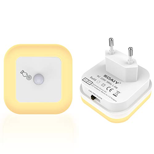Dimmbares LED Nachtlicht Bewegungsmelder, SOAIY 2er-Set Nachtlicht Steckdose Helligkeit Stufenlos Einstellbar 3 Modi (Auto/ON/OFF) Orientierungslicht Kinderzimmer Flur Treppe Warmweiß von SOAIY