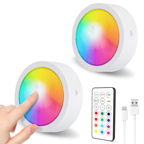 SOAIY 2er-Set LED RGB Spot mit Fernbedienung USB C wiederaufladbare Unterbauleuchte dimmbar Vitrinenbeleuchtung 13 Lichtfarben magnetigsch Küche Schrank Vitrine Touch Lampe Schrankleuchte mit Timer von SOAIY