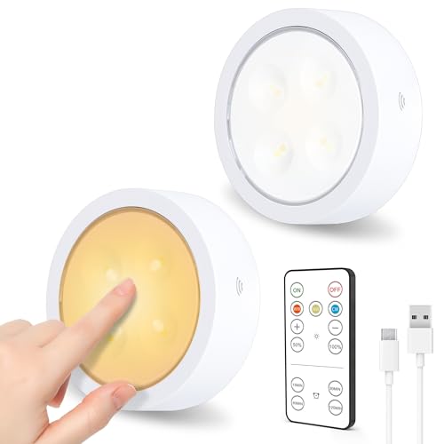 SOAIY 2er-Set LED Spot mit Fernbedienung USB C wiederaufladbare Unterbauleuchte dimmbar Vitrinenbeleuchtung 3 Lichtfarben magnetigsch Küche Schrank Vitrine Touch Lampe Schrankleuchte mit Timer von SOAIY