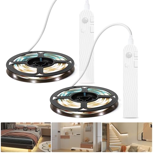 SOAIY 2er Set LED Streifen dimmbar 2M Lichtband mit Bewegungsmelder 2200mAh wiederaufladbar Schrankbeleuchtung 3 Lichtfarbe LED Band Unterbauleuchte für Küche Kleiderschrank Treppe Bett Schlafzimmer von SOAIY