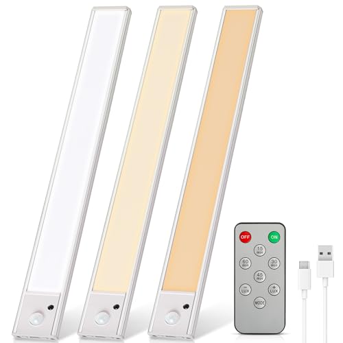 SOAIY 3er Set 30cm dimmbare LED Unterbauleuchte mit Bewegungsmelder und Fernbedienung USB C wiederaufladbare Lichtleiste Schranklicht mit 3 Lichtfarbe Küche Treppe Vitrine Flur Kleiderschrank Keller von SOAIY