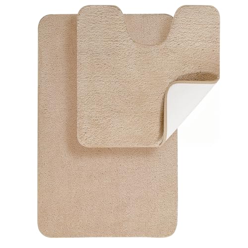 SOANNY Badematten Set 2-teilig, rutschfest & Waschbar, Luxus Dicke Mikrofaser Badezimmerteppich, 50x80 cm Badvorleger & 50x50 cm Toilettenmatte, Kamel von SOANNY