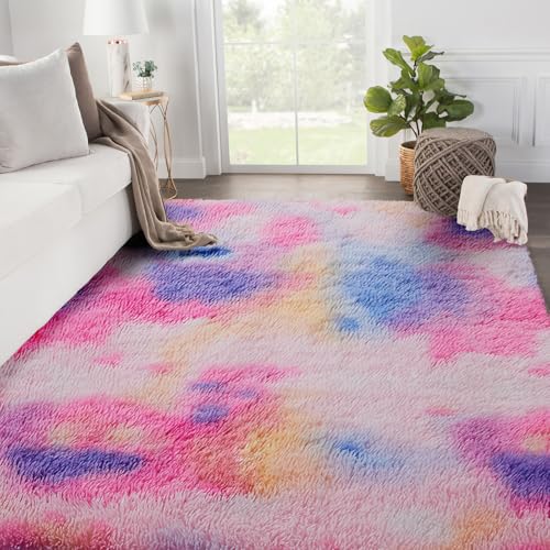 SOANNY Hochflor Wohnzimmer Teppich, Waschbar Anti-Rutsch & Flauschig, Tie-Dye Langflor Teppiche für Schlafzimmer & Kinderzimmer, Bettvorleger Matte, 120 x 180 cm, Rosa Regenbogen von SOANNY