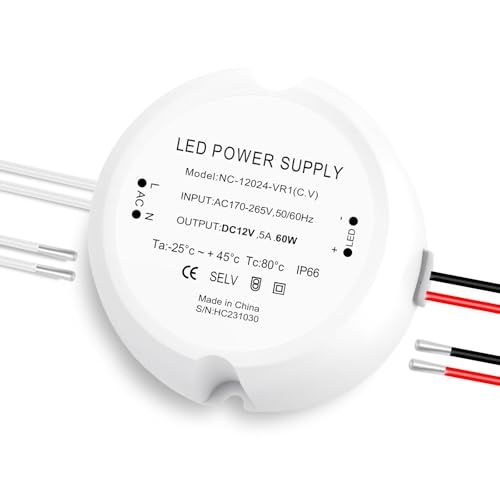 SOARFLY Trafo 230V auf 12V LED Trafo 12V 60W Rund LED Netzteil 12V 5A IP66 LED Transformator Konstantspannung Niedervolt, keine Mindestbelastung, kein Flimmern, kein Rauschen Für MR11 G4 MR16 GU5.3 von SOARFLY