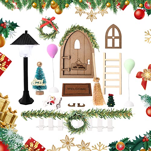 SOARFLY Wichteltür Weihnachten Set, Wichtelhaus Weihnachtsdeko, mit Zubehör Weihnachtsbaum Dekokranz Holzleiter Besen Verzierungen Teppich Miniatur Gartenmöbel, Weihnacht Dänische Deko für Kinder von SOARFLY