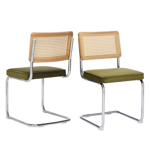 SOARMOTE Rattan-Esszimmerstühle, gepolstert, Mitte des Jahrhunderts, moderne Esszimmerstühle mit Rückenlehne, Retro-Samt-Küchenstühle mit Edelstahl-Chrom-Basis, Grün, 2 Stück von SOARMOTE