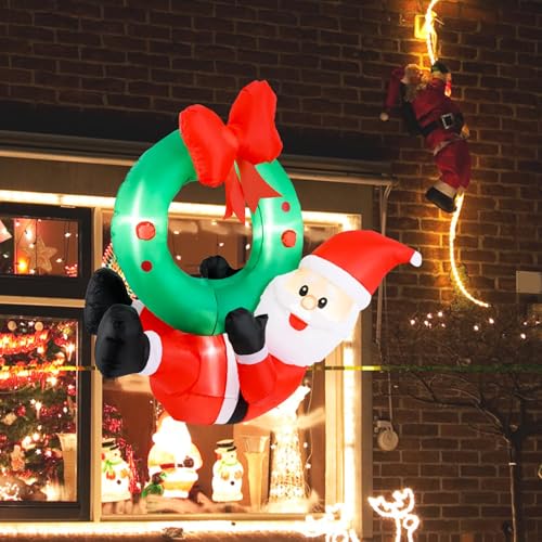 SOARS Aufblasbarer Weihnachtsmann mit Weihnachtskranz, Wetterfeste Weihnachtsdeko mit 5 LED-Lichtern, Weihnachtskranz Tür, Fenster, Aussen, Innen, 120 x 50 x 120 cm von SOARS