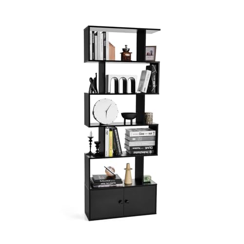SOARS Bücherregal 6 Ebennen, Raumteiler Regal mit Türen, Holzregal mit Anti-Kipp-Vorrichtung, Standregal Aktenregal für Wohnzimmer, Büro, 70 x 23 x 183 cm (Schwarz) von SOARS