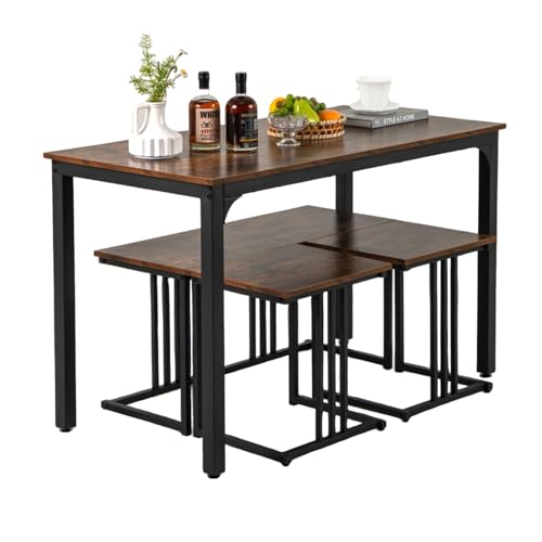 SOARS Esstisch mit 2 Hockern & Bank, 4er Set Küchentisch 120 x 60 x 75 cm, industrielle Essgruppe mit rostfreier Metallstruktur, Tisch mit 3 stühlen Set für Wohnzimmer, Esszimmer (Braun) von SOARS