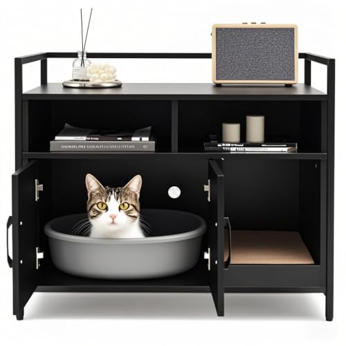 SOARS Katzenschrank für Katzentoilette mit Kratzmatte,89 x 45 x 74,5 cm Katzenhaus mit offenen Regalen & 2 Fächern & hohe Beine, Katzenklo Schrank Katzenmöbel für Wohnzimmer,Flur,Eingang (Schwarz) von SOARS