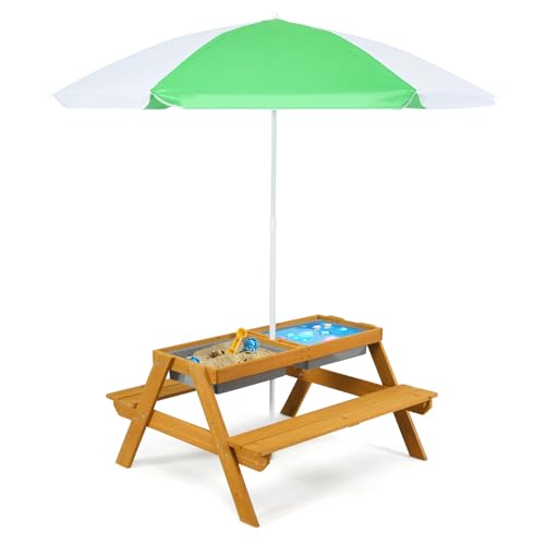 SOARS Kindersitzgruppe Tannenholz, Kindertisch Outdoor mit höhenverstellbarer Sonnenschirm, Abnehmbarer Tischplatte & 2 Spielboxen, Picknicktisch, Gartenmöbel, Kindersitzgarnitur draußen von SOARS